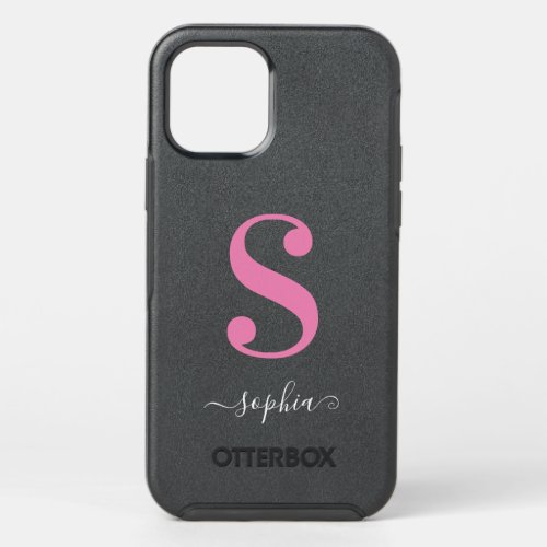 Minimal Pink Monogram with White Script Name OtterBox Symmetry iPhone 12 Case