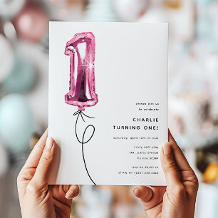 Minimal Pink One Balloon 1st Birthday Party Invitation