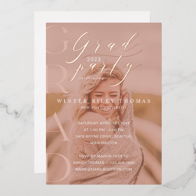 Minimal Pink Photo Grad Party Modern Calligraphy Foil Invitation (Front/Back)