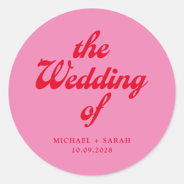 Minimal Pink Red Retro Wedding Classic Round Sticker (Front)