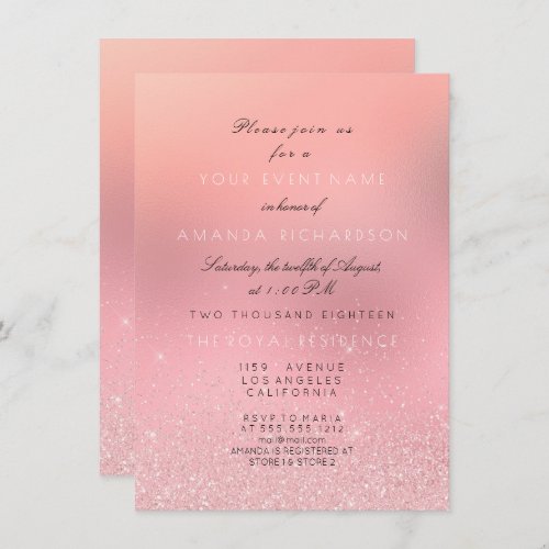 Minimal Pink Rose Glitter Sparkly Bridal Princess Invitation