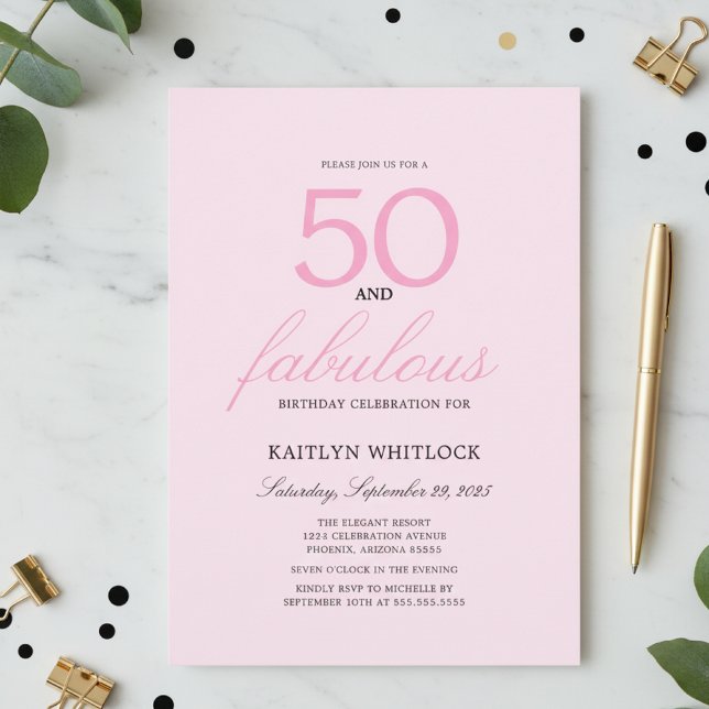 Minimal Pink Script 50 and Fabulous 50th Birthday Invitation (modern elegant pink and black girly fifty and fabulous 50th birthday party invitations)