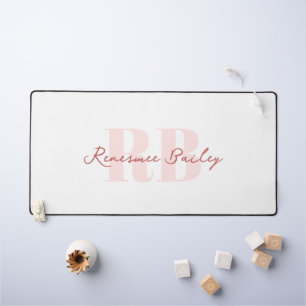 Minimal Pink White Monogram Desk Mat
