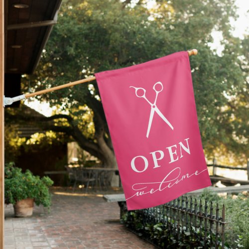 Minimal Pink White Scissors Welcome Open House Flag