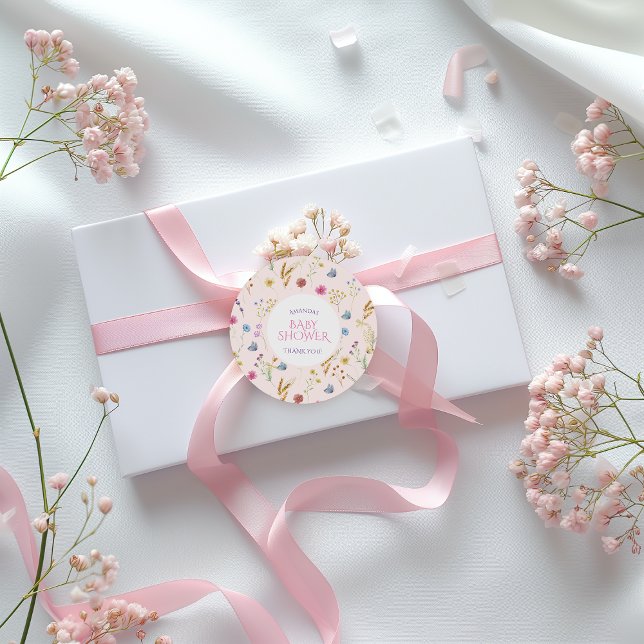 Minimal Pink Wildflower Girl Shower Thank you Classic Round Sticker (Creator Uploaded)