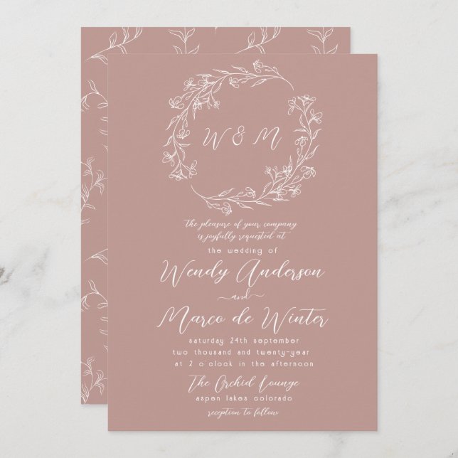 Minimal Pinkish Gray White Boho Botanical Wedding Invitation (Front/Back)