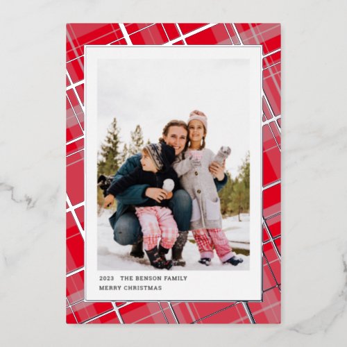 Minimal Plaid One Photo Bright Red Vertical Real Foil Holiday Card