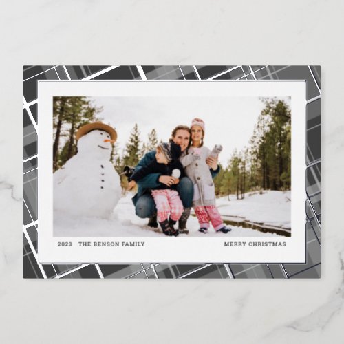 Minimal Plaid One Photo Gray Real Foil Holiday Card