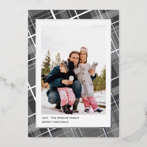 Minimal Plaid One Photo Gray Vertical Real Foil Holiday Card