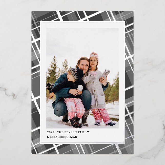 Minimal Plaid One Photo Gray Vertical Real Foil Holiday Card (Front)