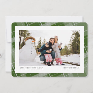 Minimal Plaid One Photo Green Horizontal Holiday Card