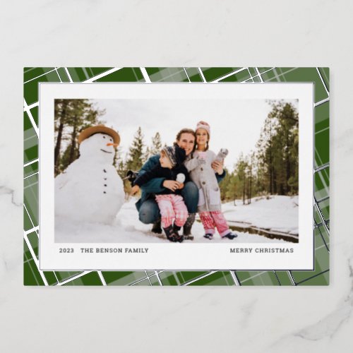 Minimal Plaid One Photo Green Real Foil Holiday Card