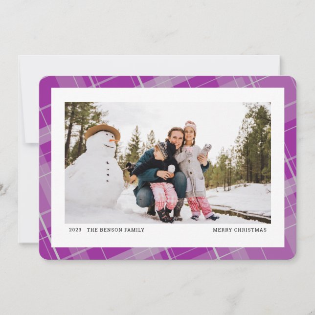 Minimal Plaid One Photo Purple Horizontal Holiday Card (Front)