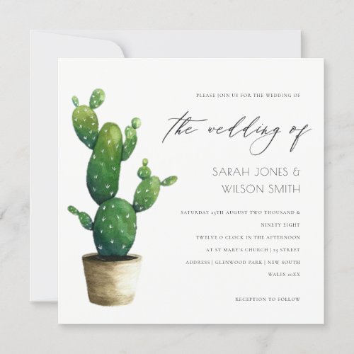 Minimal Potted Cactus Green Foliage Wedding Invite