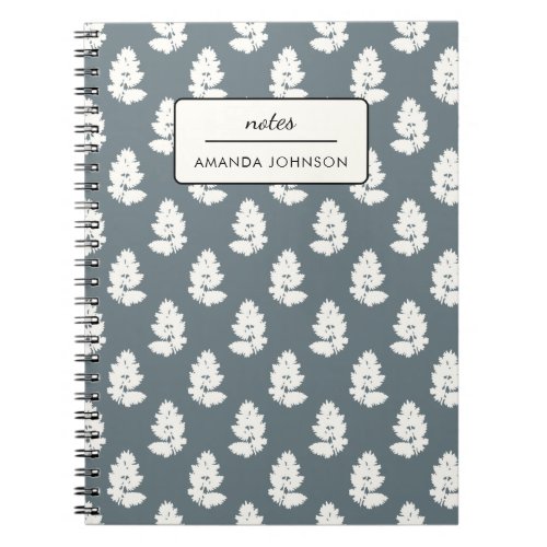 Minimal Pretty Fern Leaves Grey Blue Monogram Name Notebook