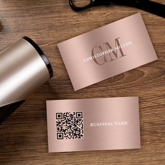  Minimal Professional Brushed Metal Blush Qr Code Business Card (Creator Uploaded)