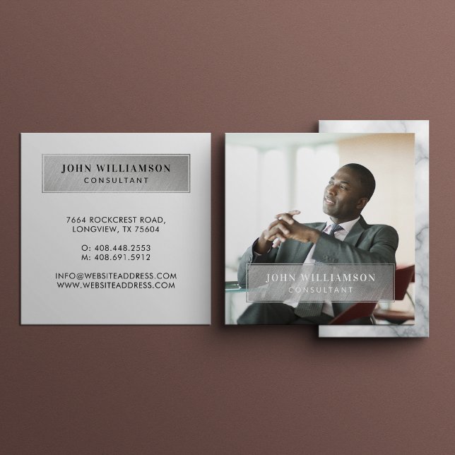 Minimal Professional Company Business Photo Silver Square Business Card