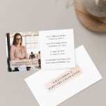 Minimal & Professional Employee Business Photo Business Card<br><div class="desc">The front of the business card features a half photo layout with the company name, employee's name/title, and contact information. Simple blush peach pink framed nameplate features the company name on the front and backside of the business card. You can customize the text size, font, colors, and background color to...</div>
