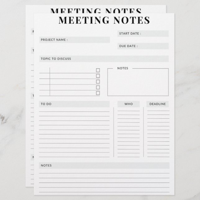 Minimal Professional Meeting Notes Planner Letterhead (Front/Back)