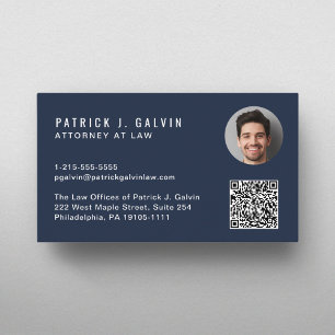 Minimal Professional QR Code Photo Blue Business Card