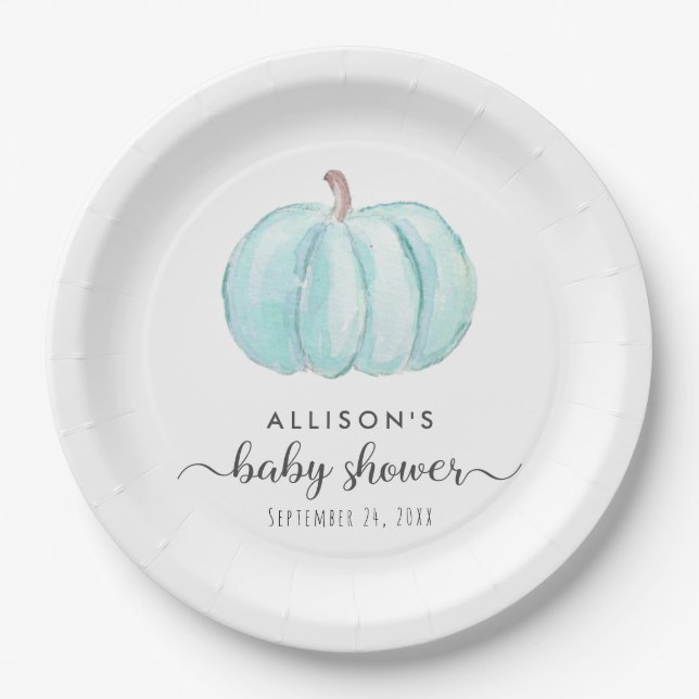 Minimal Pumpkin Watercolor Baby Boy Shower Paper Plates (Front)