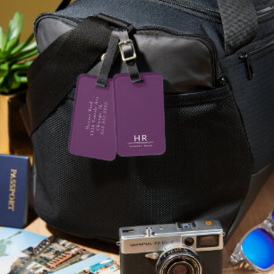 Minimal Purple and White Monogram Initials Name Luggage Tag