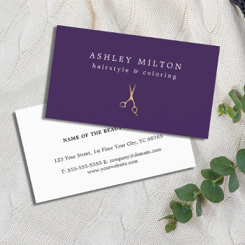 Minimal Purple Faux Gold Scissors Hair Stylist Business Card by pro_business_card at Zazzle