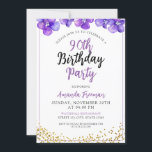 Minimal Purple Flowers 90th Birthday Invitation<br><div class="desc">With delicate watercolor purple flowers,  shimmering gold glitter confetti,  and a simple frame,  this design brings a touch of charm and festivity to a special 90th birthday celebration.</div>