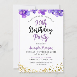 Minimal Purple Flowers 90th Birthday Invitation