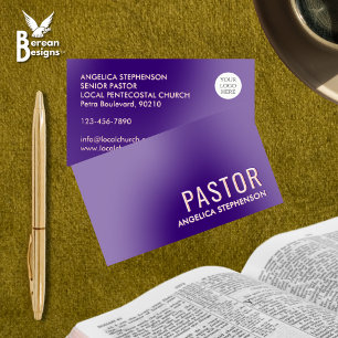 Minimal Purple Rose Gold Logo QR Code PASTOR Foil Spot Gloss Business Cards