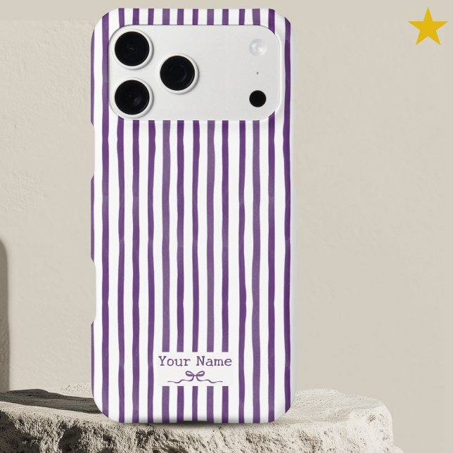 Minimal Purple Striped Watercolor Custom Name Bow iPhone Case (Creator Uploaded)