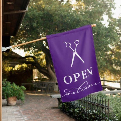 Minimal Purple White Scissors Welcome Open House Flag