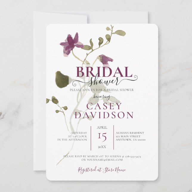 Minimal Purple Wild Flower Bridal Shower Invitation (Front)