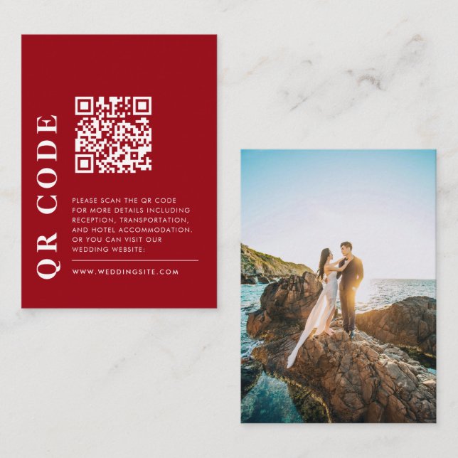 Minimal QR Code Red & White Wedding Details Photo Enclosure Card (Front/Back)