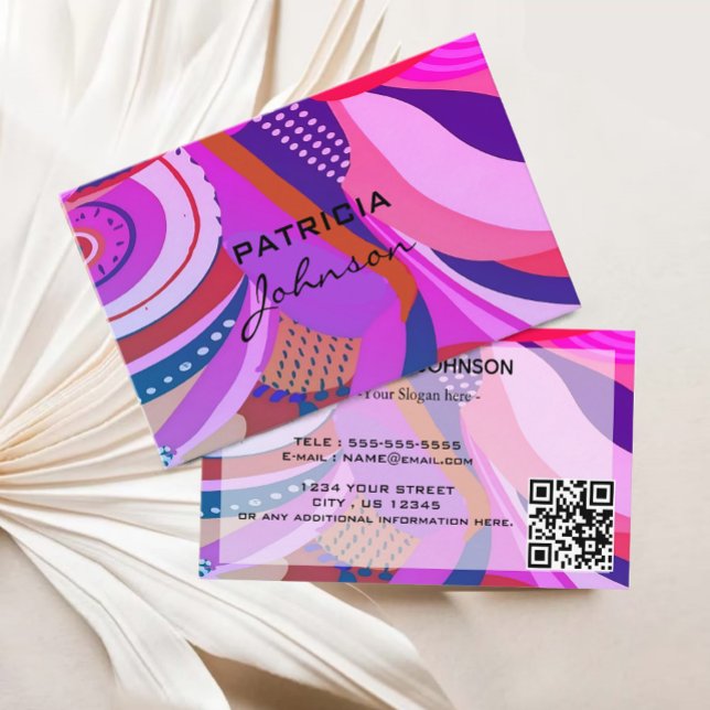 Minimal QR Code | Retro Script Purple Pink  Business Card (Minimal QR Code  Retro Script Purple Pink Business Card)