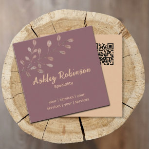 Minimal QR code terracotta pink leaf  Square Business Card