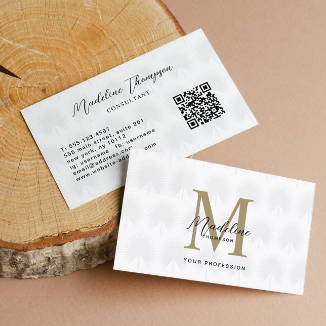 Minimal QR Code White Anahaw Leaf Script Monogram Business Card (Creator Uploaded)