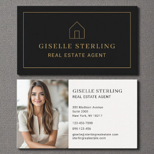 Minimal Real Estate Agent Black Gold House Photo Business Card