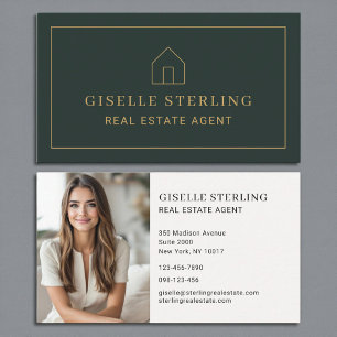 Minimal Real Estate Agent Green Gold House Photo Business Card