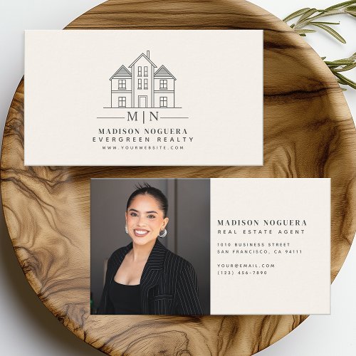 Minimal Real Estate Agent Monogram House Photo Business Card