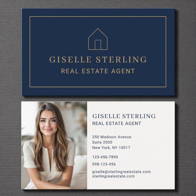 Minimal Real Estate Agent Navy Blue House Photo Business Card (Creator Uploaded)