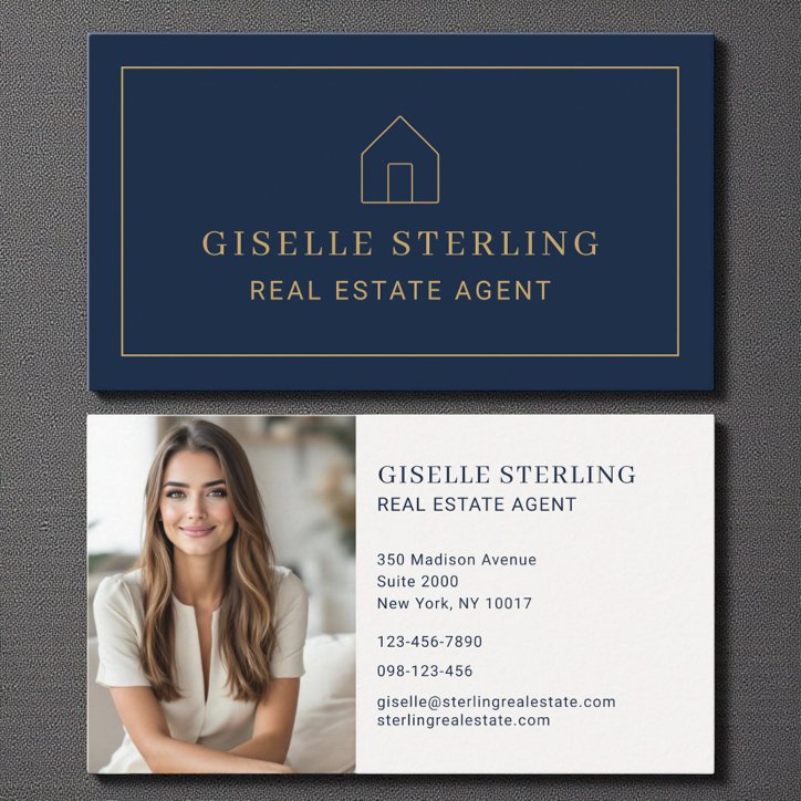Minimal Real Estate Agent Navy Blue House Photo Business Card
