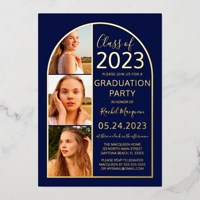 Minimal Real Gold Foil Blue Arch Photo Graduation Foil Invitation (Front)