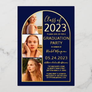 Minimal Real Gold Foil Blue Arch Photo Graduation Invitation