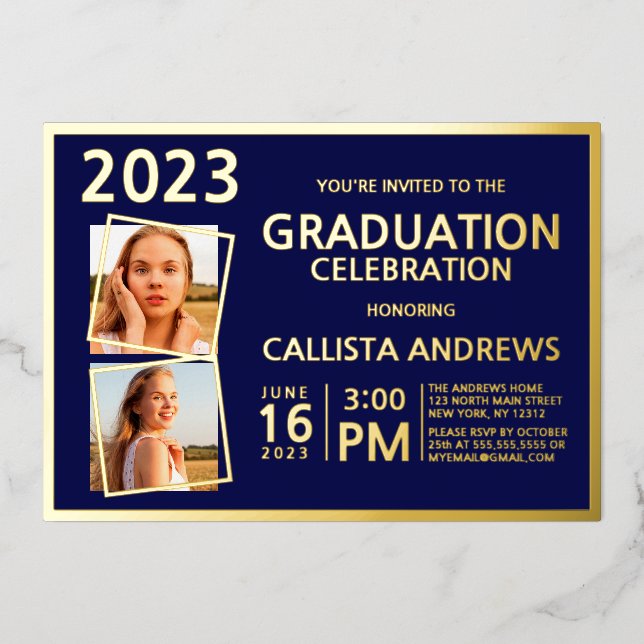 Minimal Real Gold Foil Frame Photo Graduation Foil Invitation (Front)