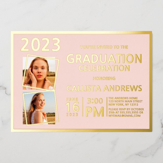 Minimal Real Gold Foil Frame Photo Graduation Invitation (Front)
