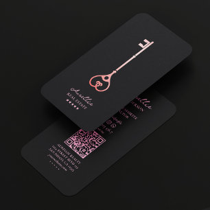 Minimal Realtor Black Pink Key Mortgage Broker Business Card