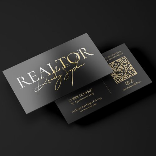 Minimal Realtor Mortgage Real Estate Black Gold Foil Business Cards