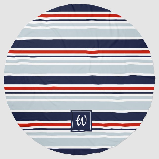 Minimal Red Blue Grey Stripes Pattern Monogrammed Beach Towel (Front)