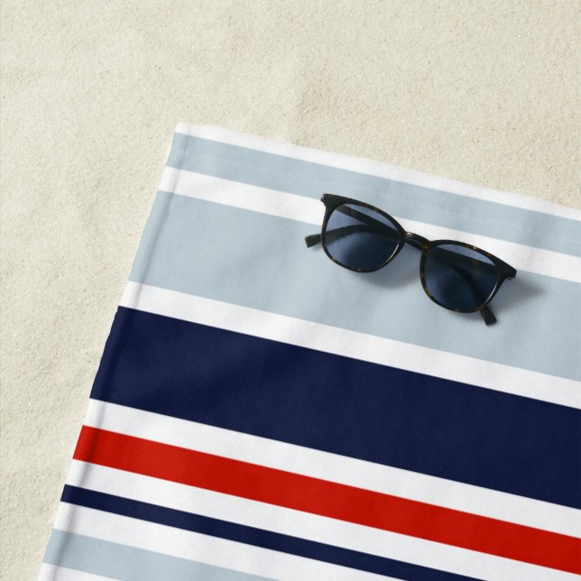 Minimal Red Blue Grey Stripes Pattern Monogrammed Beach Towel (In Situ)